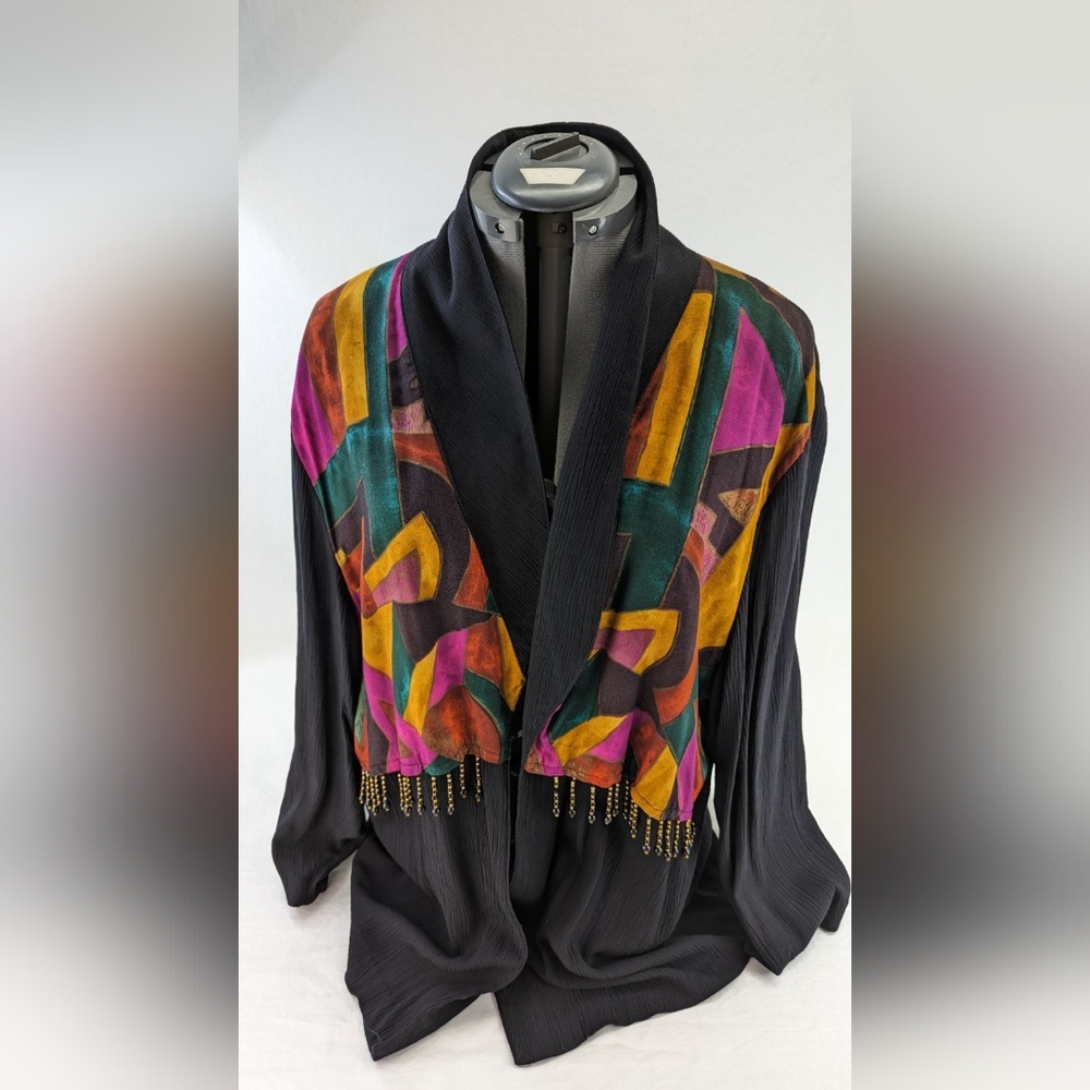 Vintage MAREN Colorful Lightweight Cardigan Blouse Women's Sz 16 Abstract Beaded